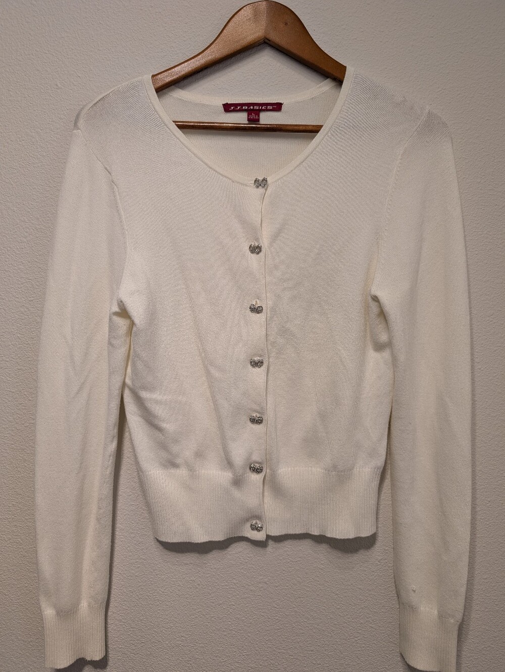 JJ Basics White Bow-Button Women's Cardigan